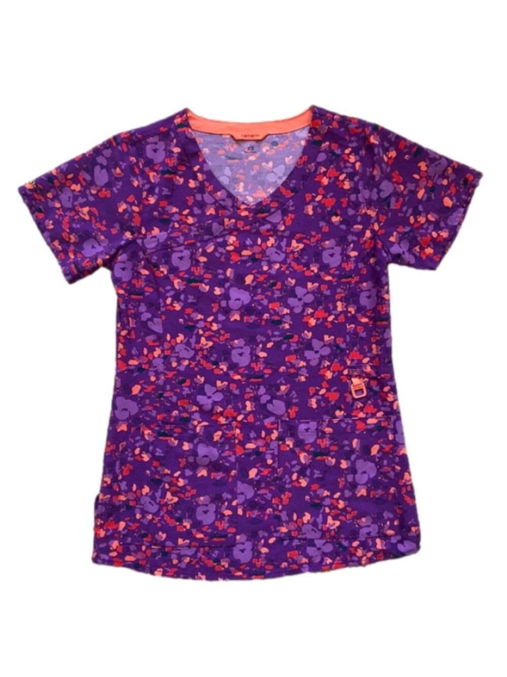 Carhartt Force Purple Floral Patterned Short Sleeve V-Neck Scrub Top w/ Pockets